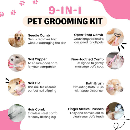 9Pcs Dog Grooming Kit - Self Cleaning Slicker Brush, Flea Comb, Nail Trimmer & Bath Brush - Pet Grooming Tools for Shedding, Trimming & Oral Care - For Dogs & Cats - Pink