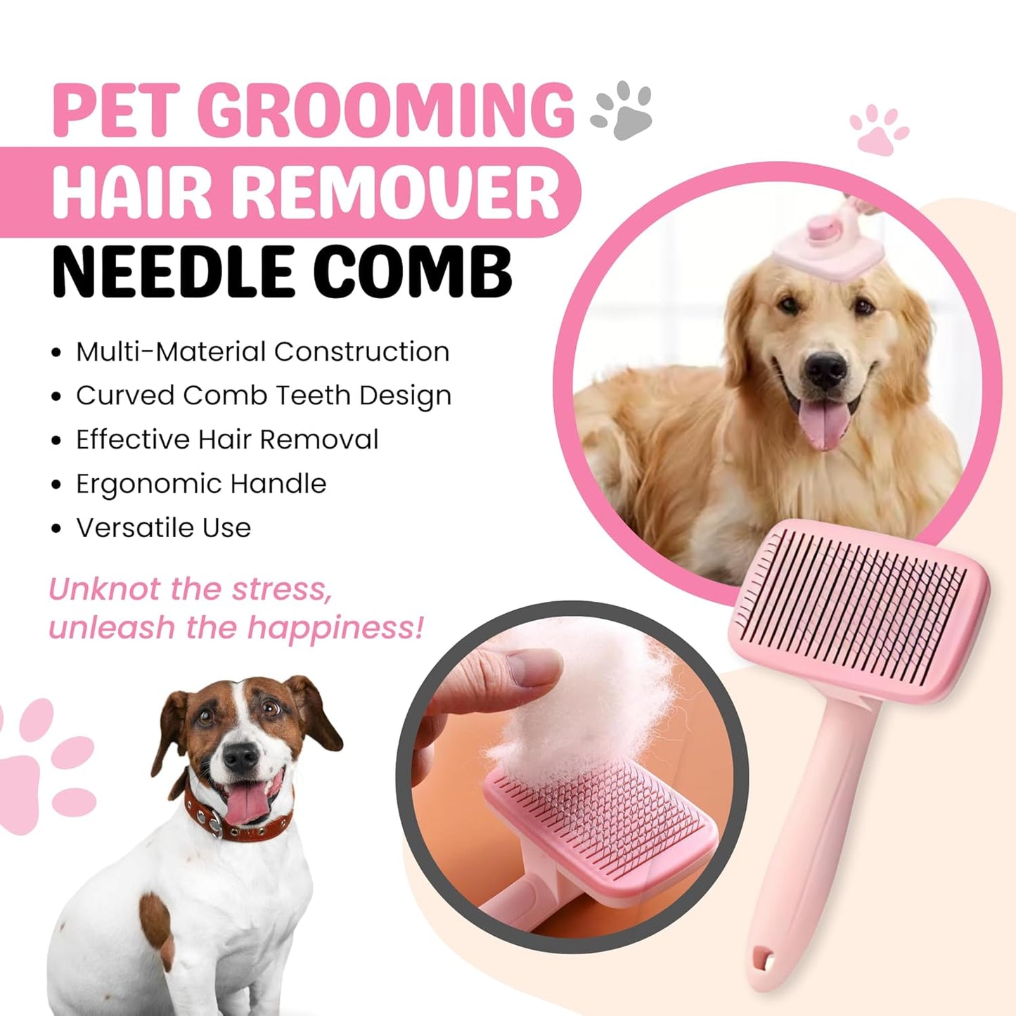 9Pcs Dog Grooming Kit - Self Cleaning Slicker Brush, Flea Comb, Nail Trimmer & Bath Brush - Pet Grooming Tools for Shedding, Trimming & Oral Care - For Dogs & Cats - Pink