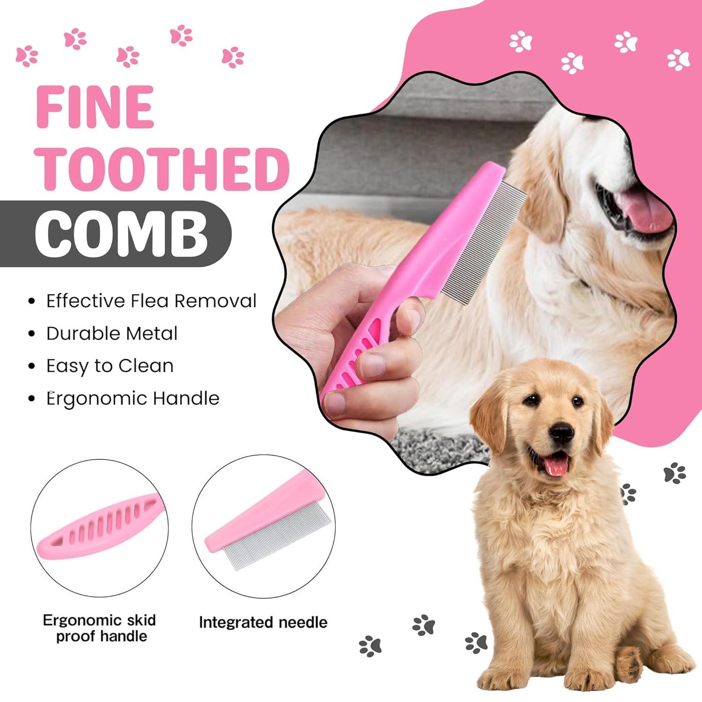 9Pcs Dog Grooming Kit - Self Cleaning Slicker Brush, Flea Comb, Nail Trimmer & Bath Brush - Pet Grooming Tools for Shedding, Trimming & Oral Care - For Dogs & Cats - Pink