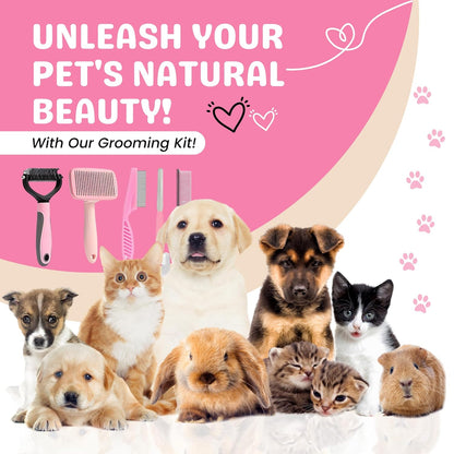 9Pcs Dog Grooming Kit - Self Cleaning Slicker Brush, Flea Comb, Nail Trimmer & Bath Brush - Pet Grooming Tools for Shedding, Trimming & Oral Care - For Dogs & Cats - Pink