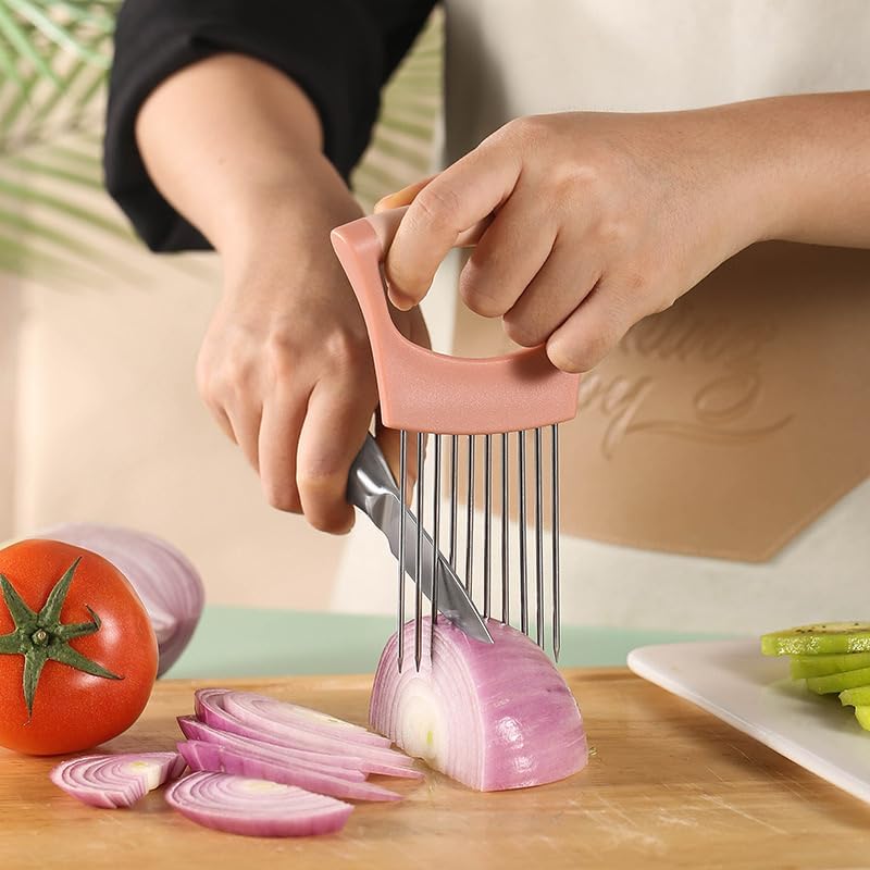 Onion Holder Lemon Slicer Cutter for Food & Veggies, Vegetable Chopper Assistant Tool for Meat, Potato & Tomato (Pink, 1PCS)