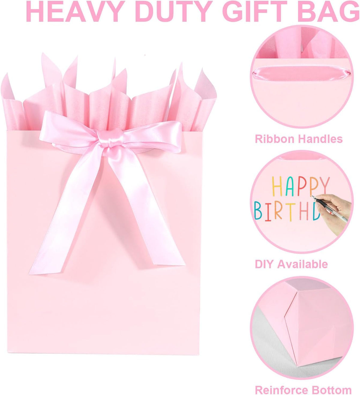 Elegant Pink Gift Bag 10.2"x4.7"x12.2" with Ribbons Handles, Includes Card and Tissue Papers for Weddings, Birthdays, Baby Shower, Parties, Holidays