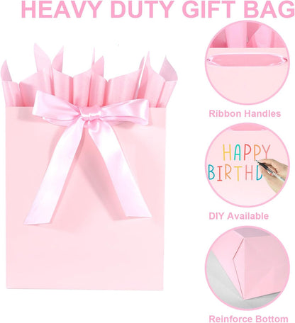 Elegant Pink Gift Bag 10.2"x4.7"x12.2" with Ribbons Handles, Includes Card and Tissue Papers for Weddings, Birthdays, Baby Shower, Parties, Holidays