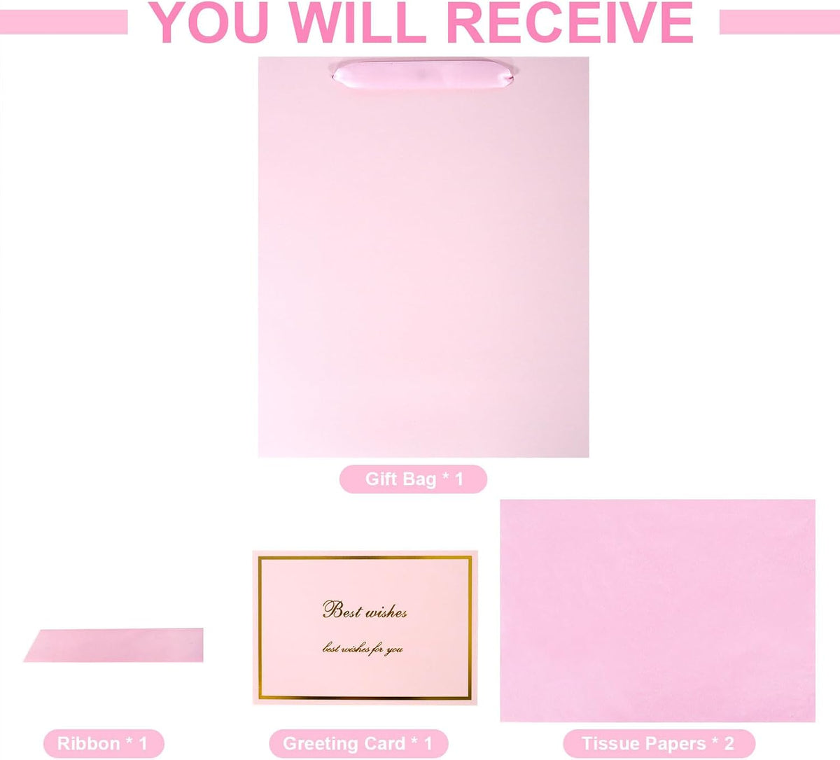 Elegant Pink Gift Bag 10.2"x4.7"x12.2" with Ribbons Handles, Includes Card and Tissue Papers for Weddings, Birthdays, Baby Shower, Parties, Holidays