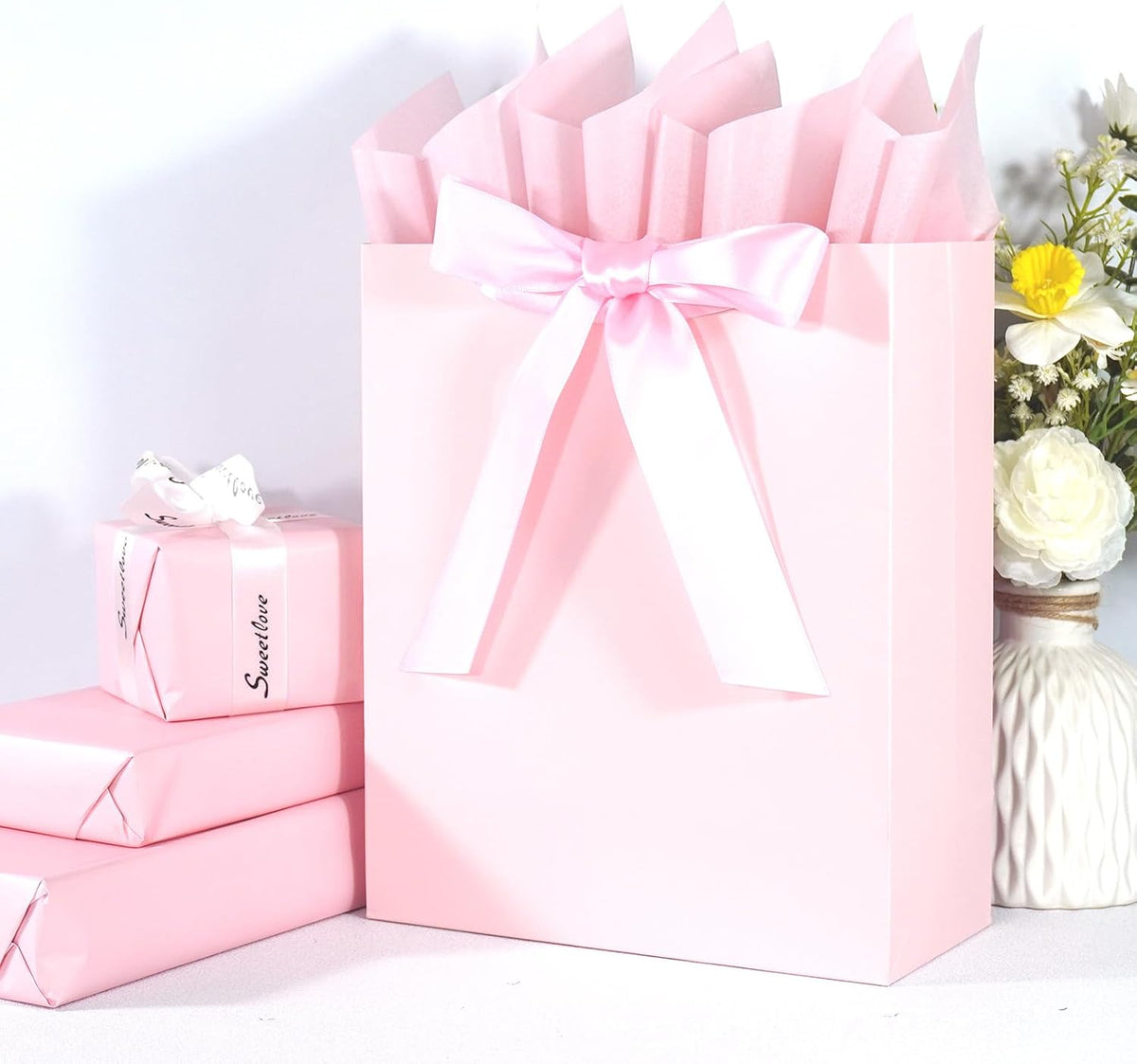Elegant Pink Gift Bag 10.2"x4.7"x12.2" with Ribbons Handles, Includes Card and Tissue Papers for Weddings, Birthdays, Baby Shower, Parties, Holidays