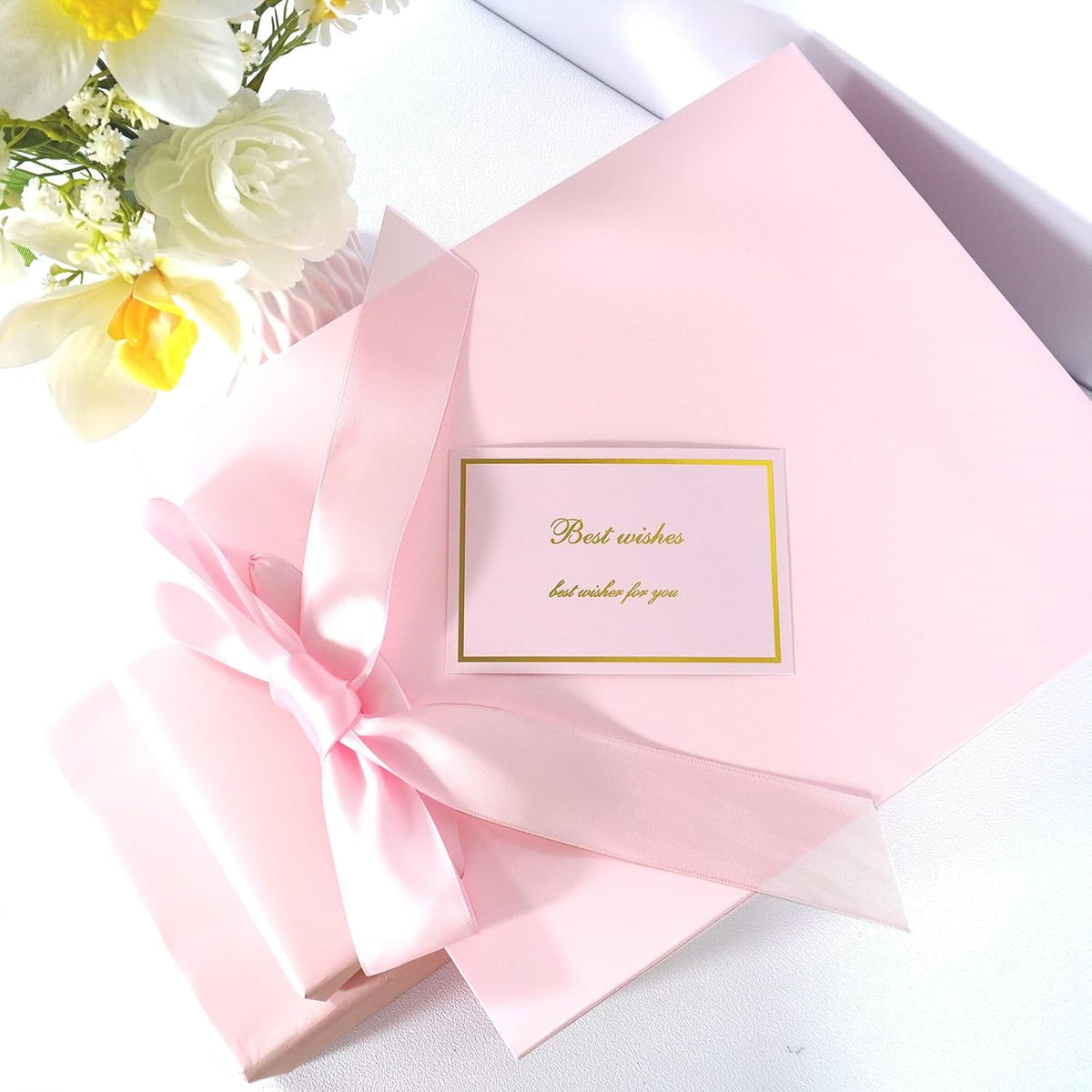 Elegant Pink Gift Bag 10.2"x4.7"x12.2" with Ribbons Handles, Includes Card and Tissue Papers for Weddings, Birthdays, Baby Shower, Parties, Holidays