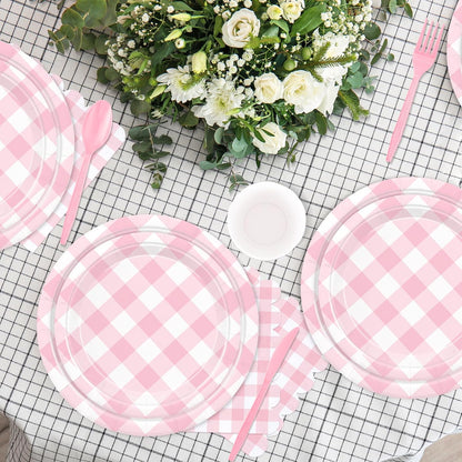 176 PCS Light Pink Gingham Round Plates and Napkins, Pink Checkered Disposable Plates Set with Napkins Cups Plastic Spoons Forks Knives for Dinner Birthday Baby Shower Wedding Supplies Serve 25 Guests