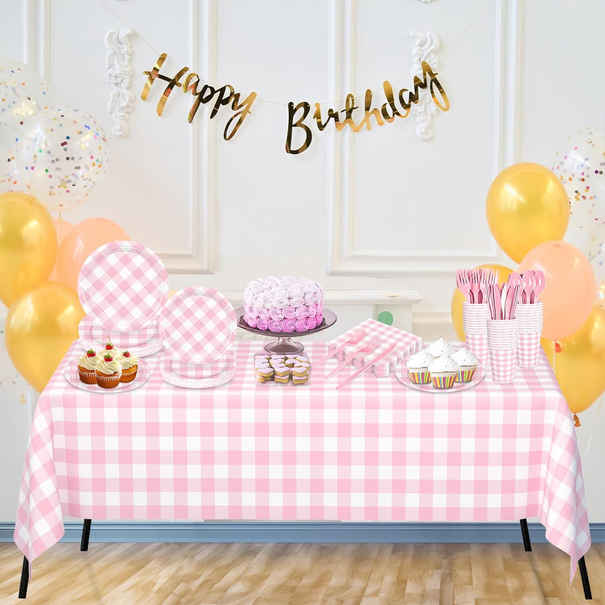 176 PCS Light Pink Gingham Round Plates and Napkins, Pink Checkered Disposable Plates Set with Napkins Cups Plastic Spoons Forks Knives for Dinner Birthday Baby Shower Wedding Supplies Serve 25 Guests