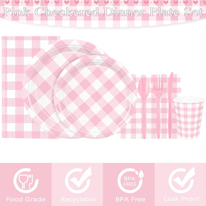 176 PCS Light Pink Gingham Round Plates and Napkins, Pink Checkered Disposable Plates Set with Napkins Cups Plastic Spoons Forks Knives for Dinner Birthday Baby Shower Wedding Supplies Serve 25 Guests