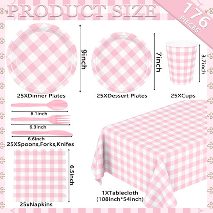 176 PCS Light Pink Gingham Round Plates and Napkins, Pink Checkered Disposable Plates Set with Napkins Cups Plastic Spoons Forks Knives for Dinner Birthday Baby Shower Wedding Supplies Serve 25 Guests