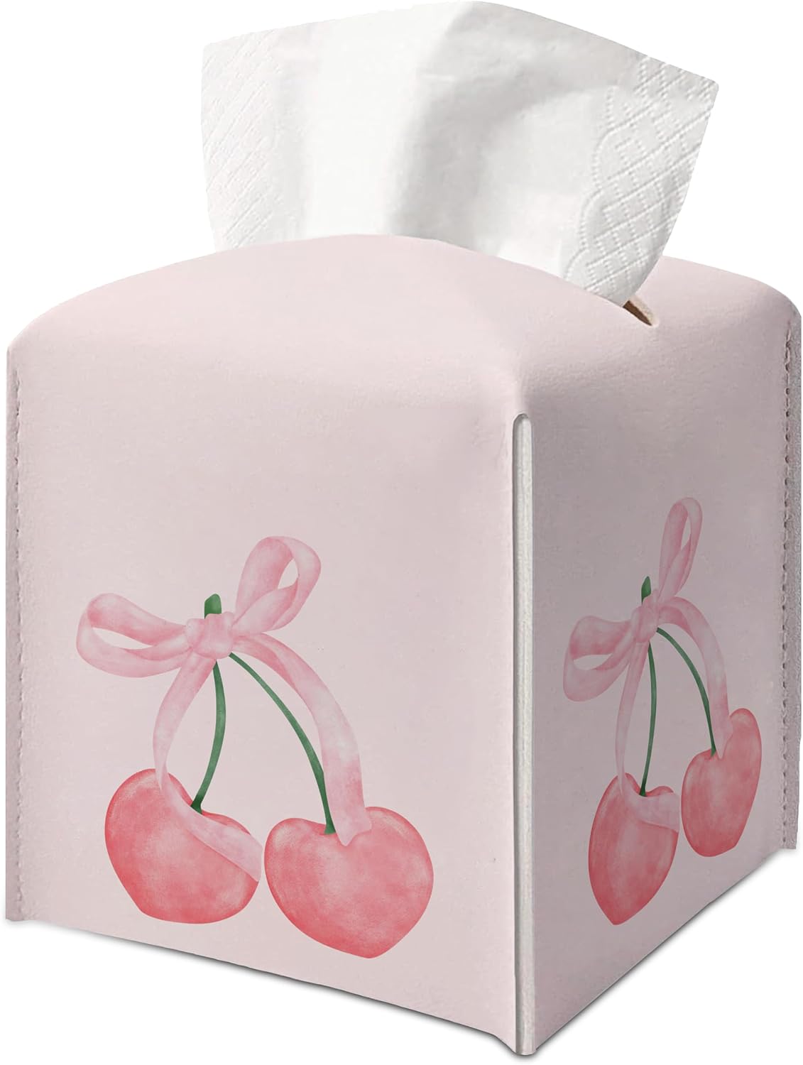 Pink Cherry Square Faux Leather Tissue Box Cover