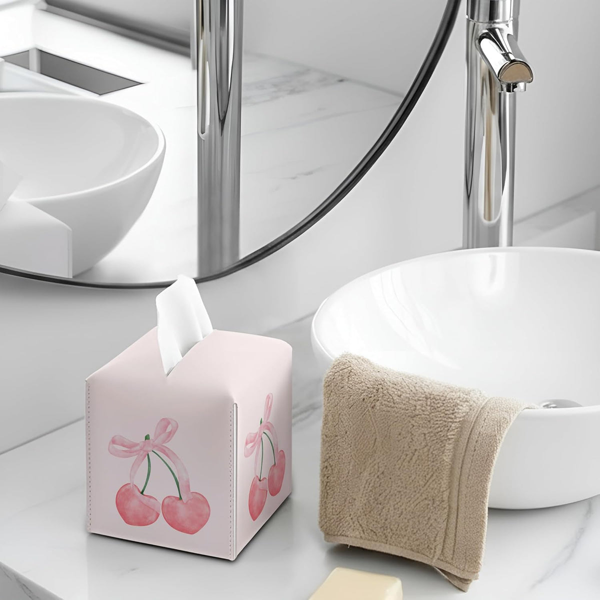 Pink Cherry Square Faux Leather Tissue Box Cover