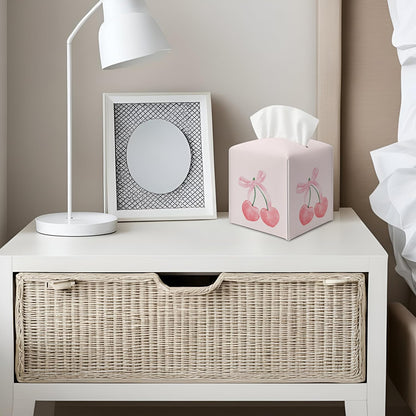 Pink Cherry Square Faux Leather Tissue Box Cover