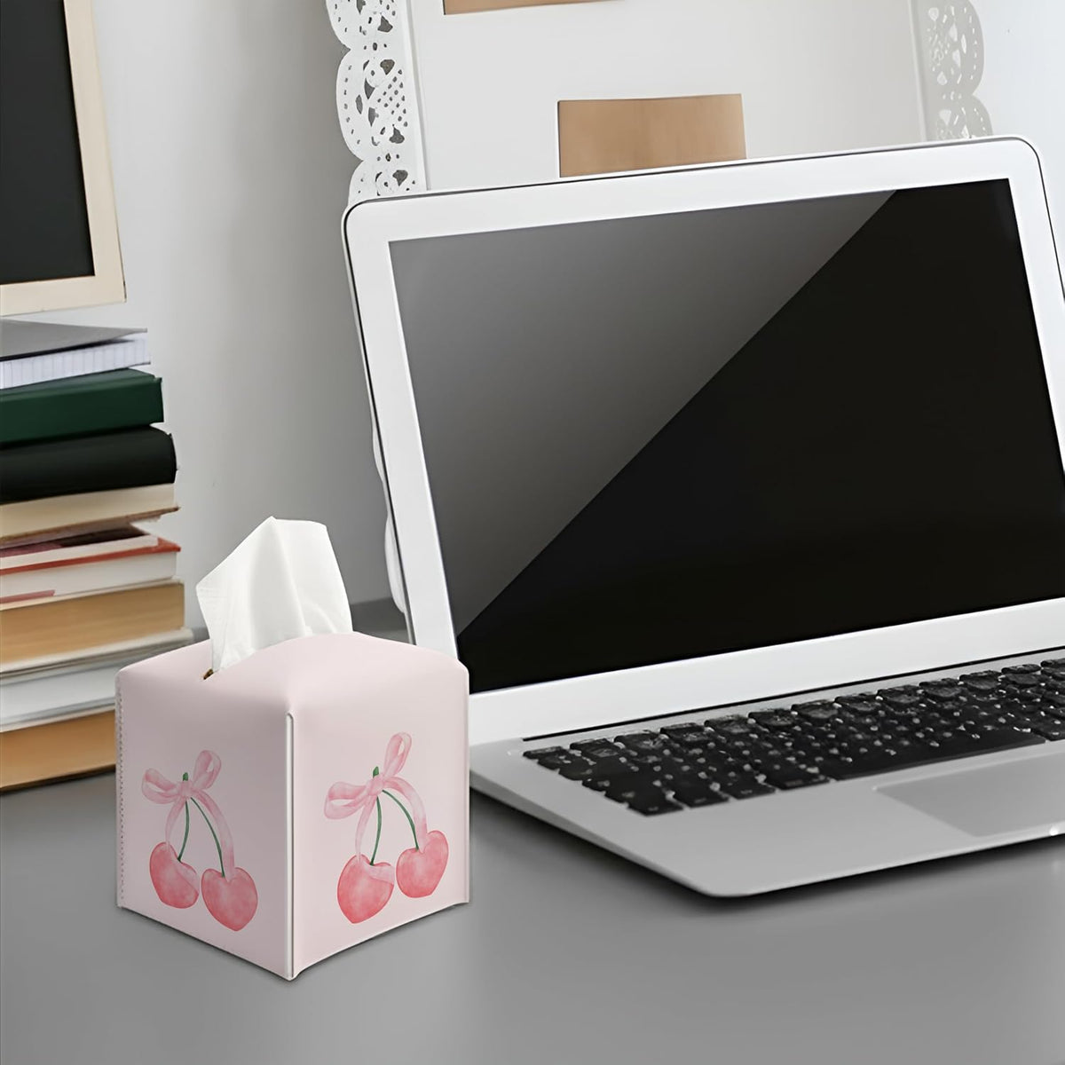Pink Cherry Square Faux Leather Tissue Box Cover
