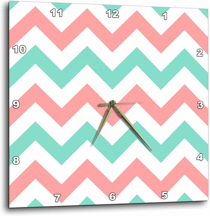 Wall Clock Silent - 10 inch - Coral Pink and Turquoise Chevron Zig zag Pattern - Teal Zigzag Stripes - Chevron Patterns
