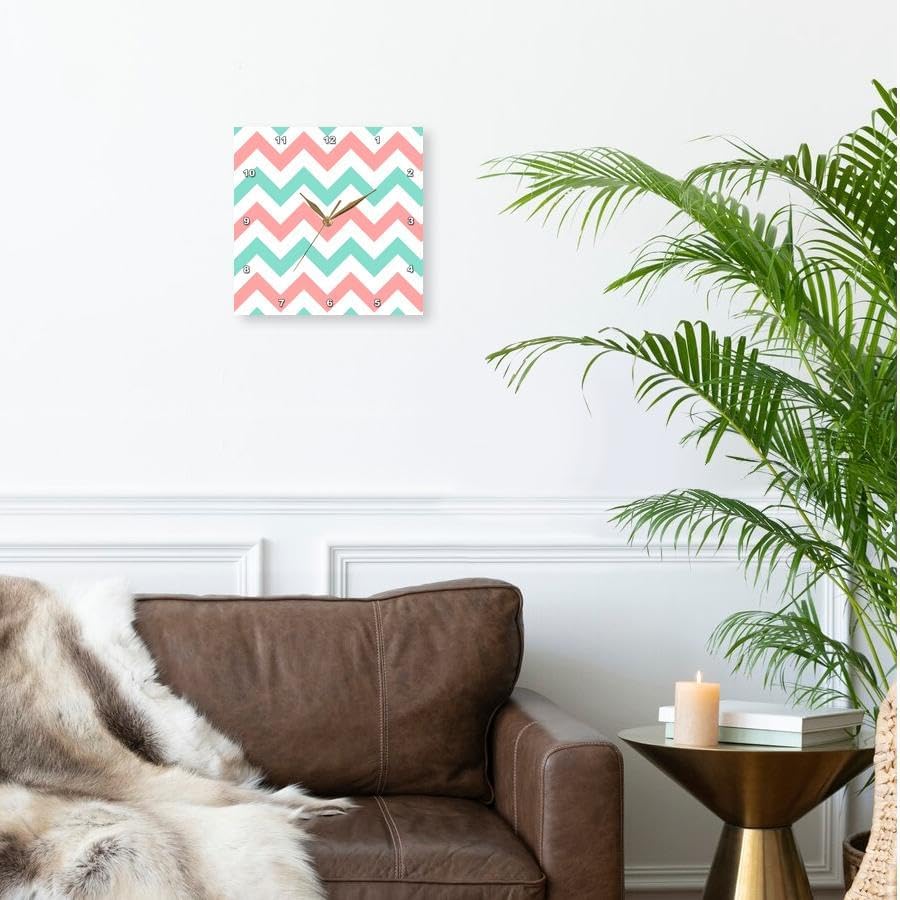 Wall Clock Silent - 10 inch - Coral Pink and Turquoise Chevron Zig zag Pattern - Teal Zigzag Stripes - Chevron Patterns