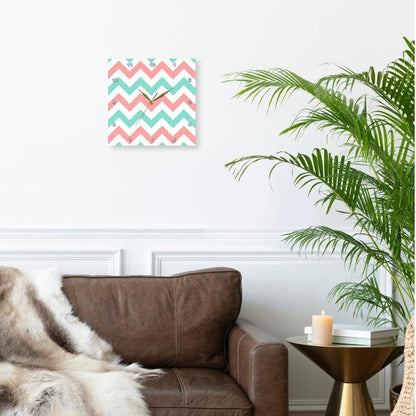Wall Clock Silent - 10 inch - Coral Pink and Turquoise Chevron Zig zag Pattern - Teal Zigzag Stripes - Chevron Patterns