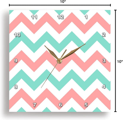 Wall Clock Silent - 10 inch - Coral Pink and Turquoise Chevron Zig zag Pattern - Teal Zigzag Stripes - Chevron Patterns