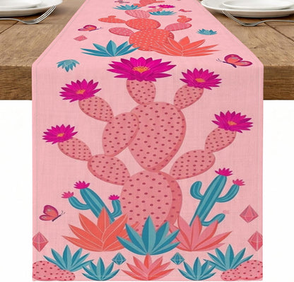 Cactus Floral Table Runner, Peach Desert Style Tropical Bohemian Kitchen Dining Decor for Home Family Gatherings Summer Party Supplies 13x72 Inch