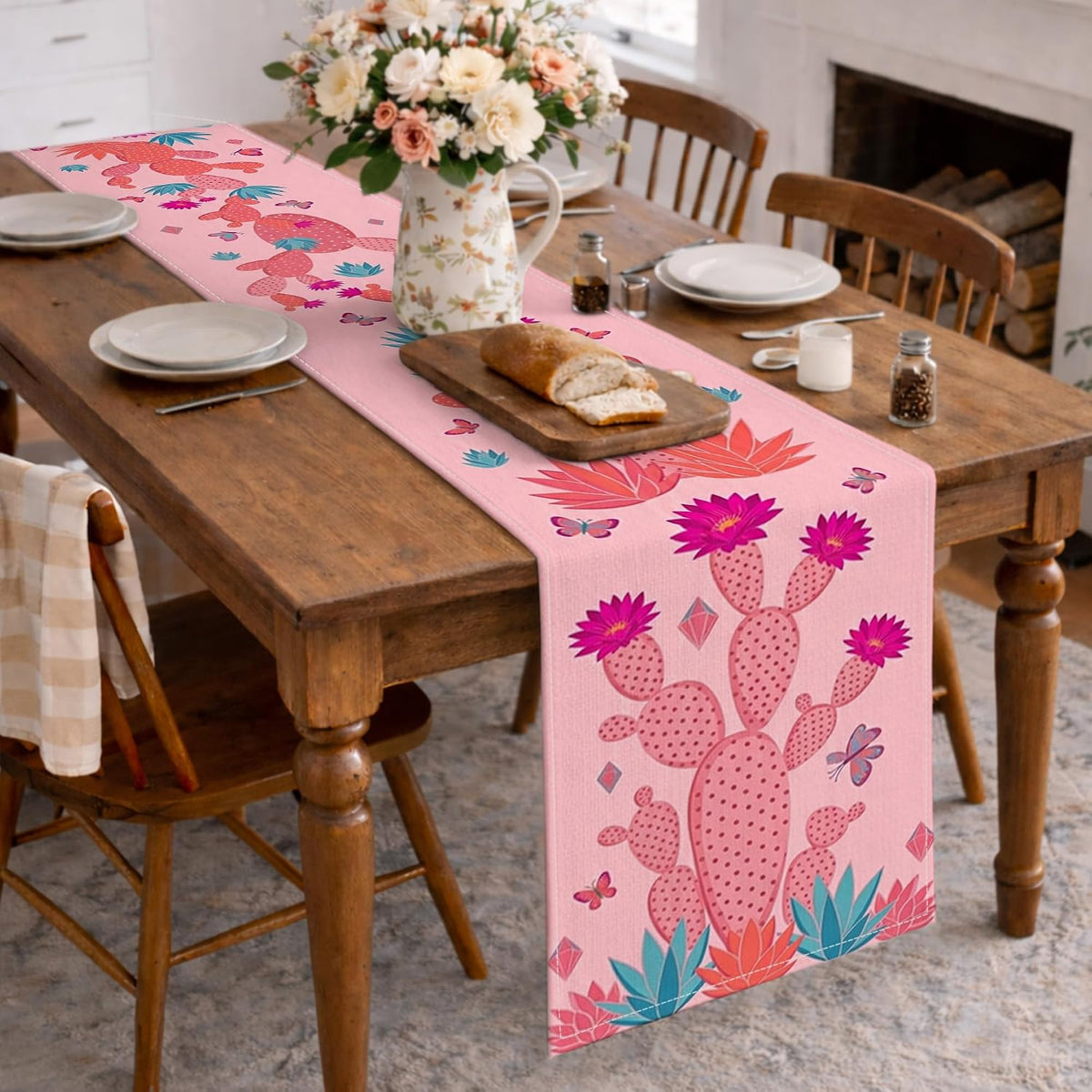 Cactus Floral Table Runner, Peach Desert Style Tropical Bohemian Kitchen Dining Decor for Home Family Gatherings Summer Party Supplies 13x72 Inch