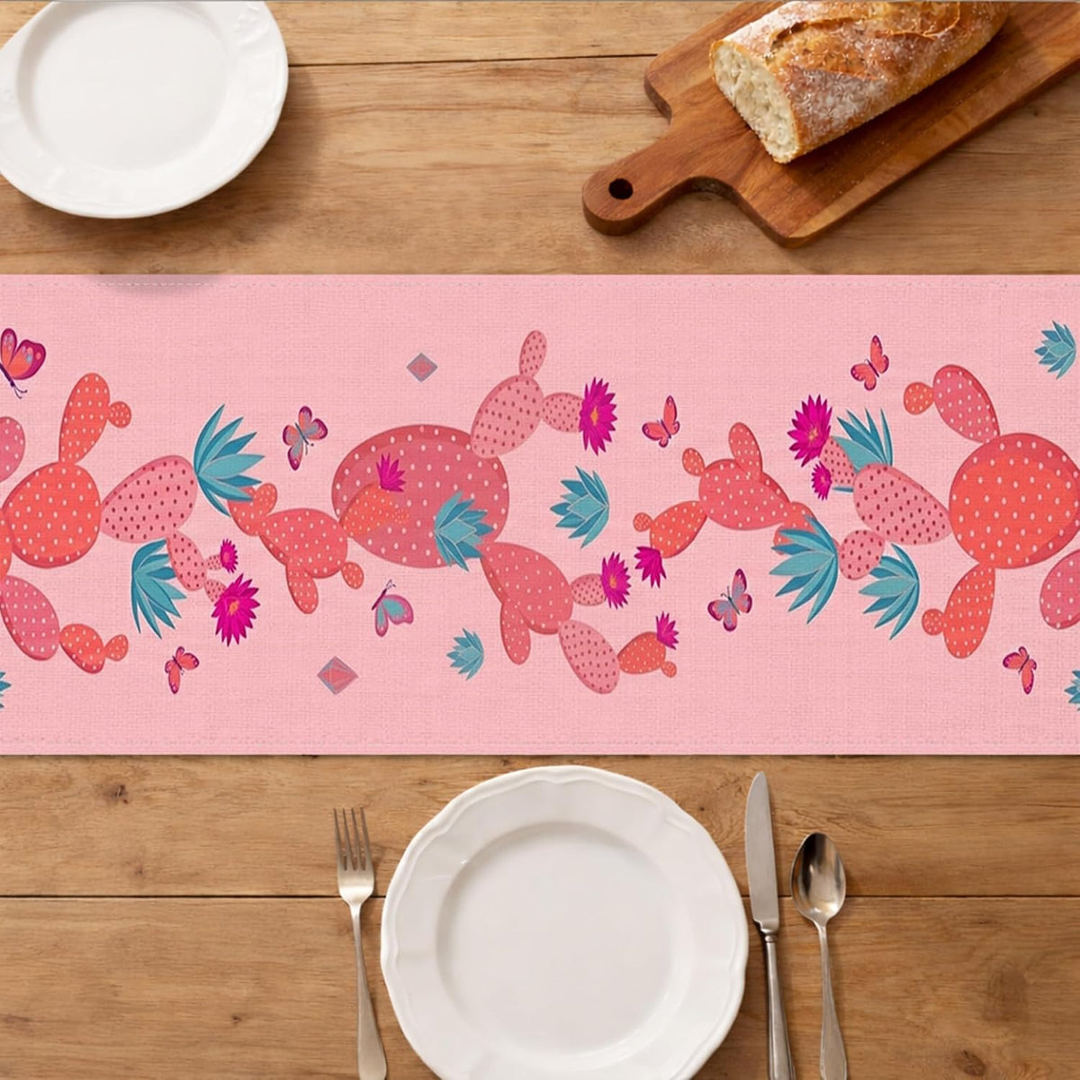 Cactus Floral Table Runner, Peach Desert Style Tropical Bohemian Kitchen Dining Decor for Home Family Gatherings Summer Party Supplies 13x72 Inch