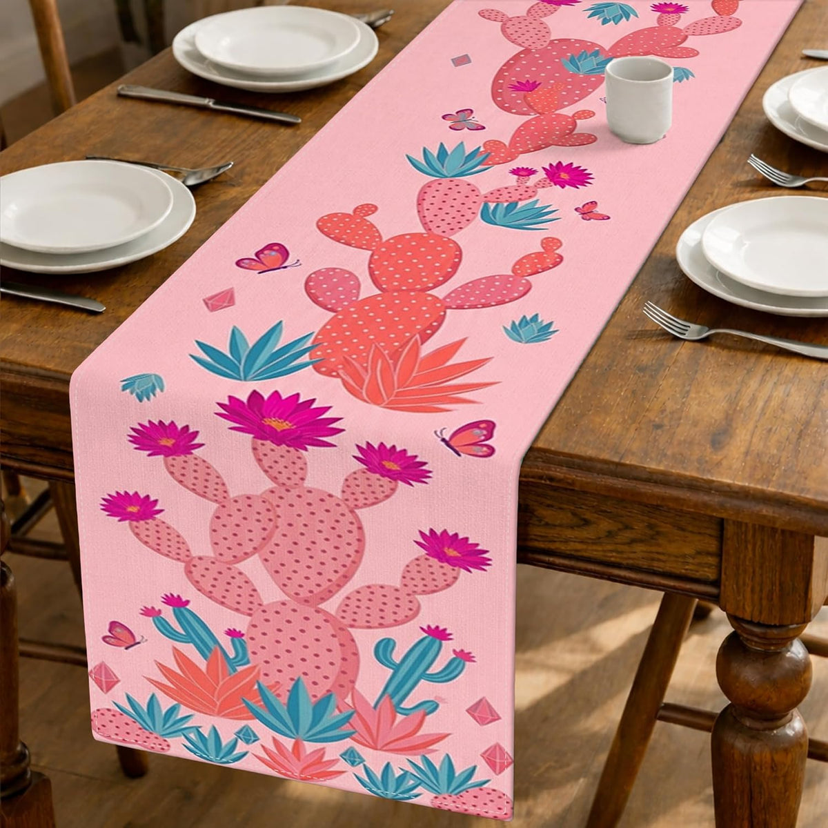 Cactus Floral Table Runner, Peach Desert Style Tropical Bohemian Kitchen Dining Decor for Home Family Gatherings Summer Party Supplies 13x72 Inch