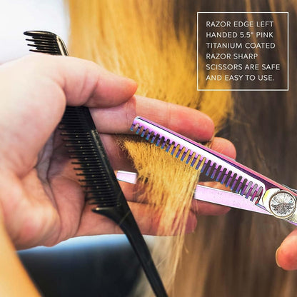Left-Handed 5.5" Razor Edge Barber Hair Scissors - Pink Titanium Coated