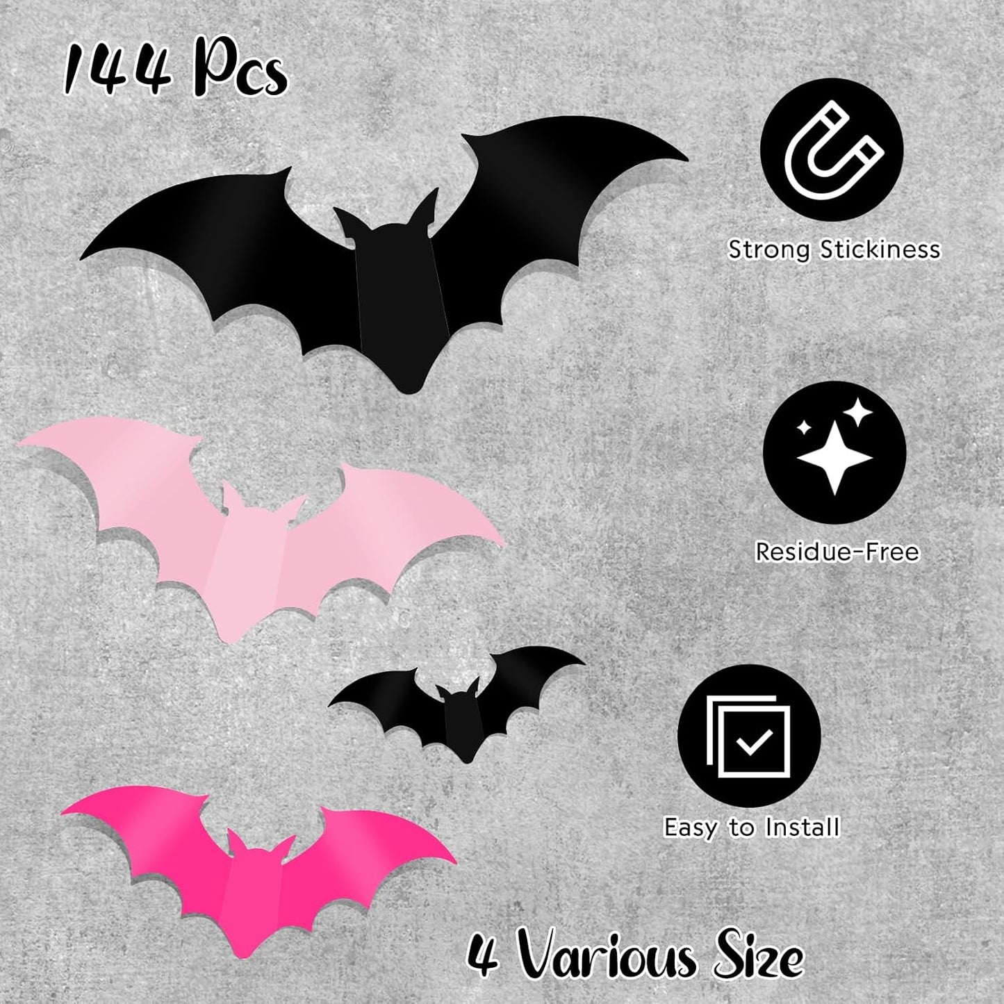 DIYASY 144 Pcs Pink Bats Wall Decor, Halloween 3D Bats Decorations Outside Blush & Black PVC Bat Cutouts Sticky Plastic Pink Decals for Home Indoor Outdoor Window Door Party Supplies