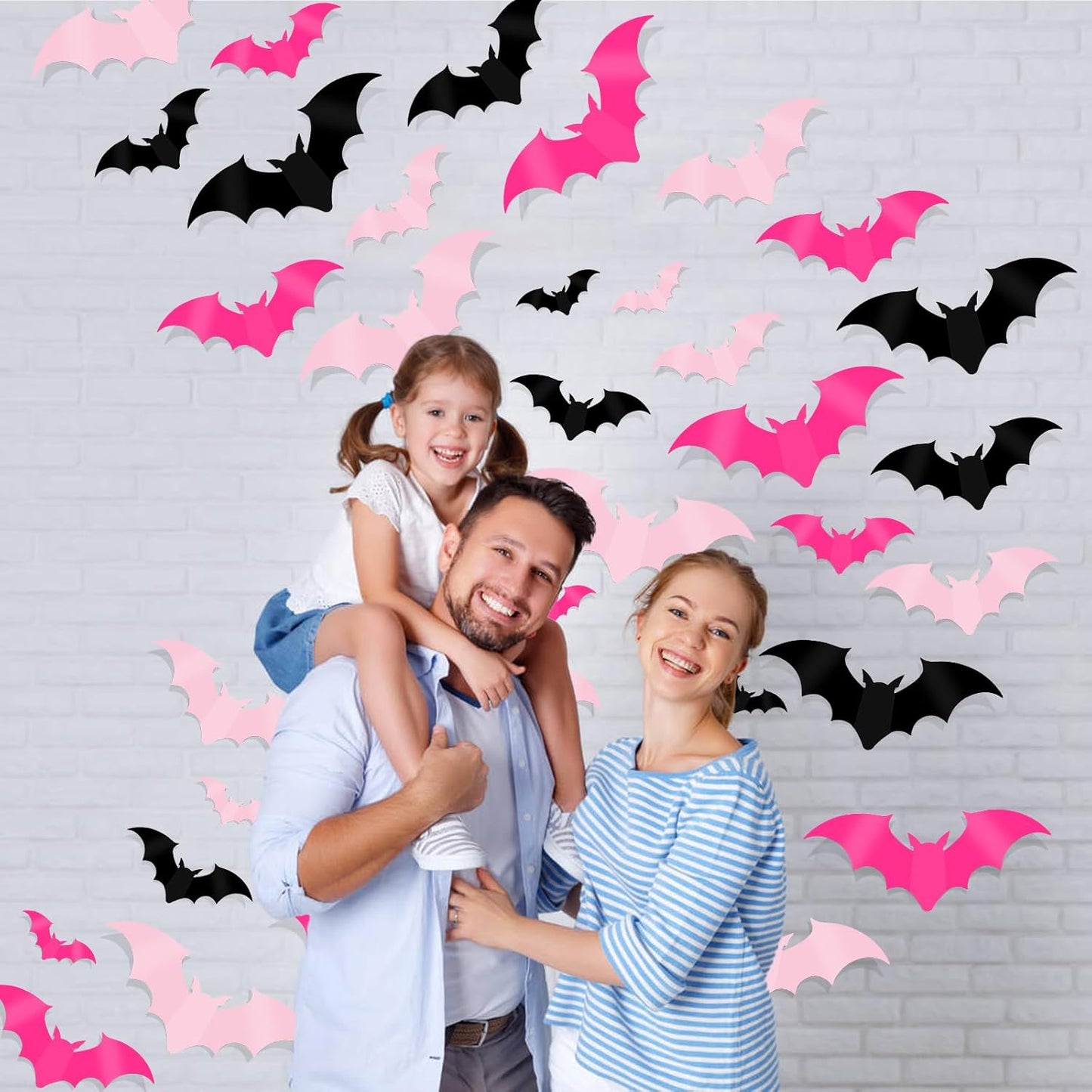 DIYASY 144 Pcs Pink Bats Wall Decor, Halloween 3D Bats Decorations Outside Blush & Black PVC Bat Cutouts Sticky Plastic Pink Decals for Home Indoor Outdoor Window Door Party Supplies
