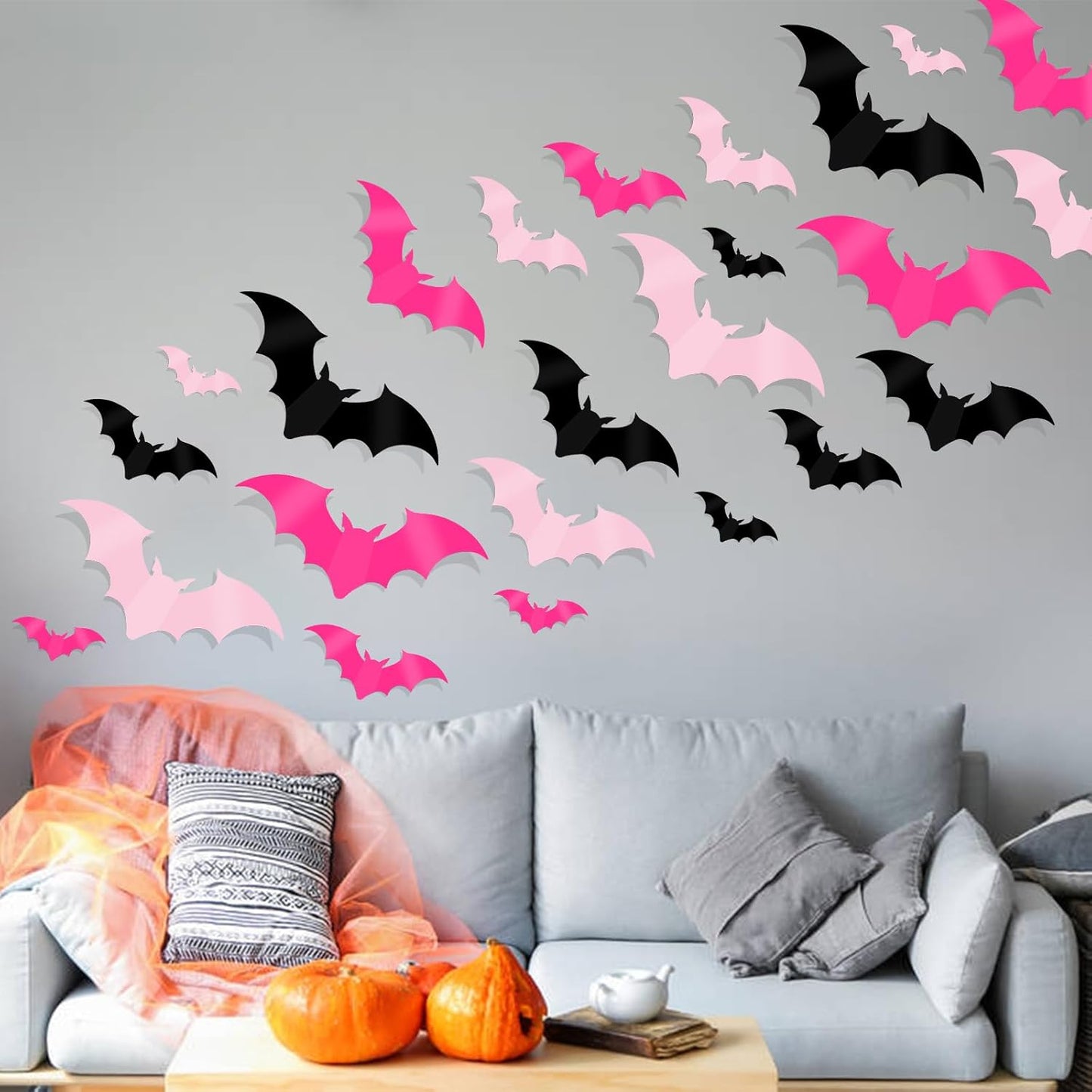 DIYASY 144 Pcs Pink Bats Wall Decor, Halloween 3D Bats Decorations Outside Blush & Black PVC Bat Cutouts Sticky Plastic Pink Decals for Home Indoor Outdoor Window Door Party Supplies