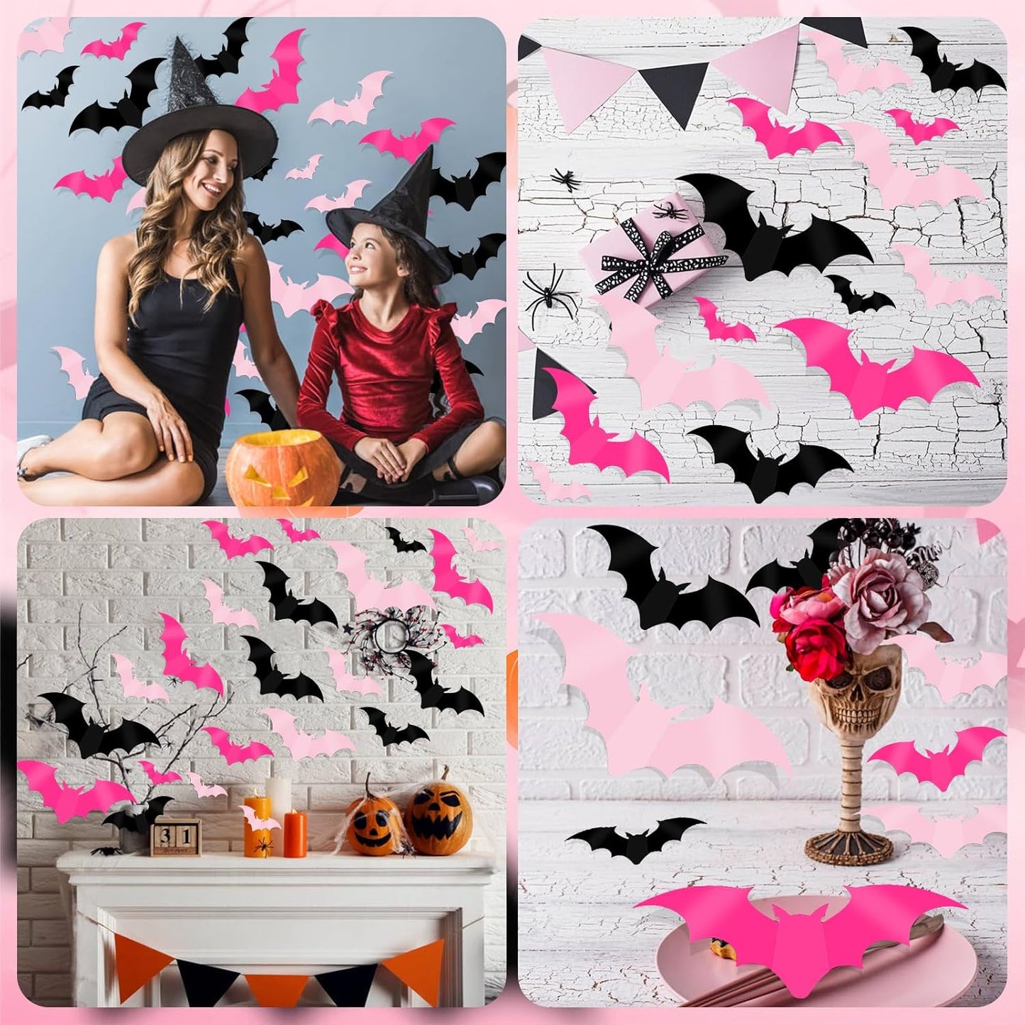 DIYASY 144 Pcs Pink Bats Wall Decor, Halloween 3D Bats Decorations Outside Blush & Black PVC Bat Cutouts Sticky Plastic Pink Decals for Home Indoor Outdoor Window Door Party Supplies