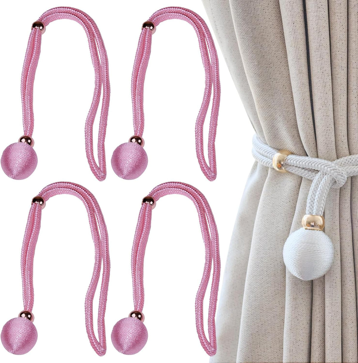 Curtain Tiebacks Decorative Holdbacks with Ball, 4 Pack Simple and Elegant Handmade Tie Backs for Modern Drapes, Wedding Party, Home Office (Pink)