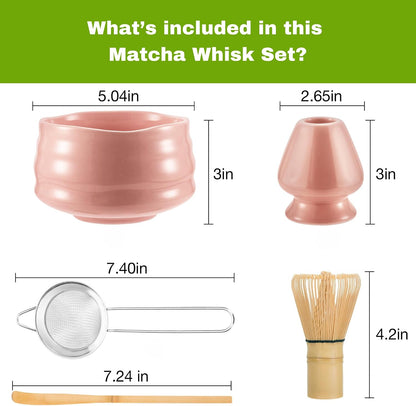 Whisk Set- Matcha Set includes Matcha Bowl, Sifter, Holder and Scoop- The Perfect Bamboo Whisk for Matcha Tea (Pink)