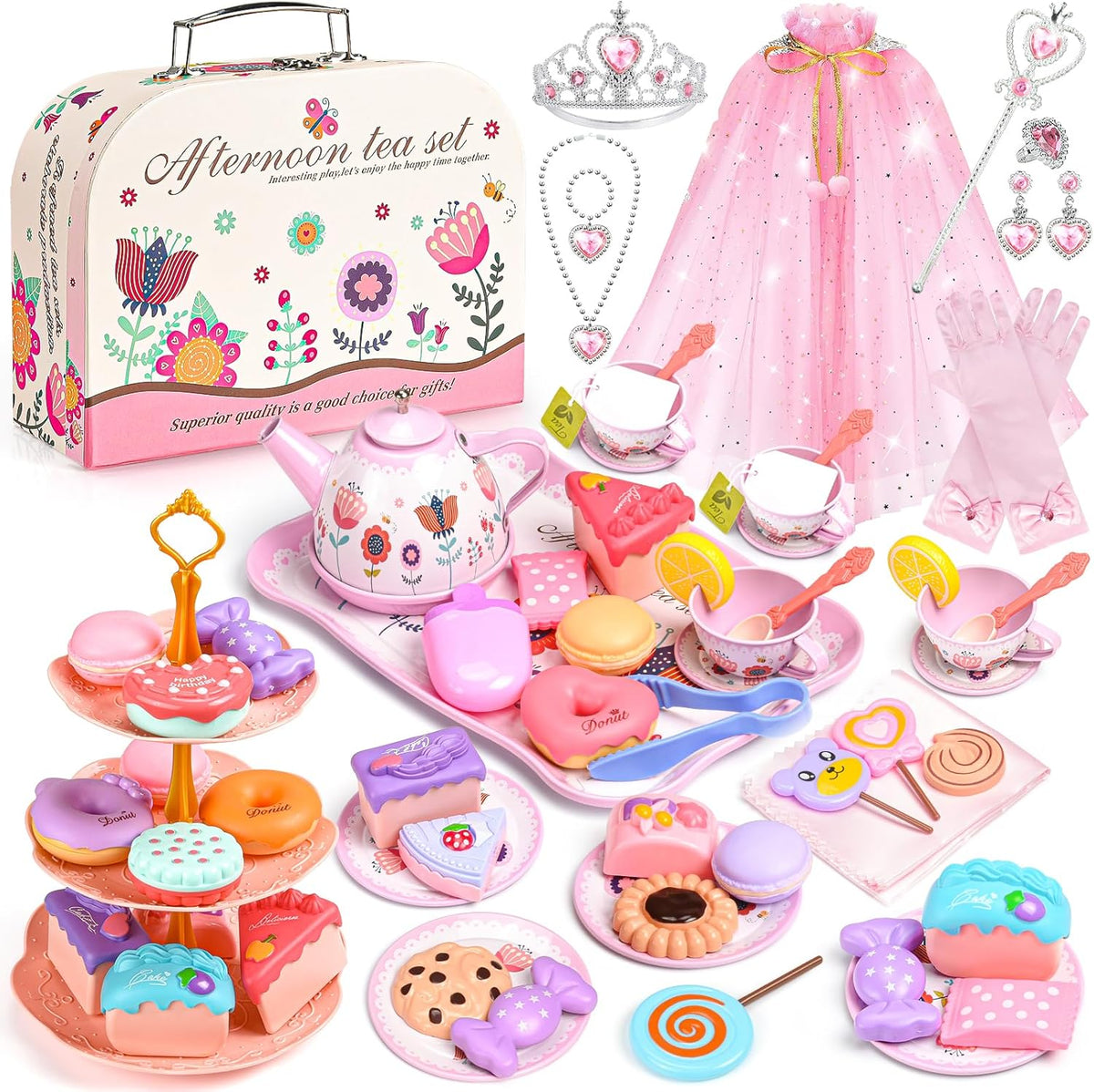 Tea Party Set for Little Girls, 63PCS Pretend Play Toys & Princess Dress Up