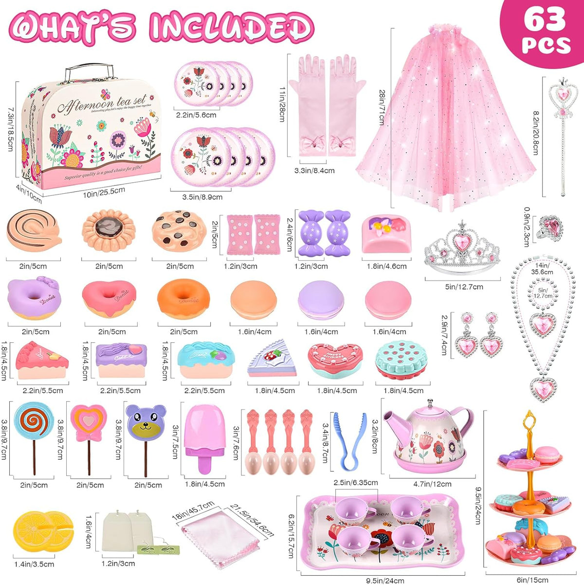 Tea Party Set for Little Girls, 63PCS Pretend Play Toys & Princess Dress Up
