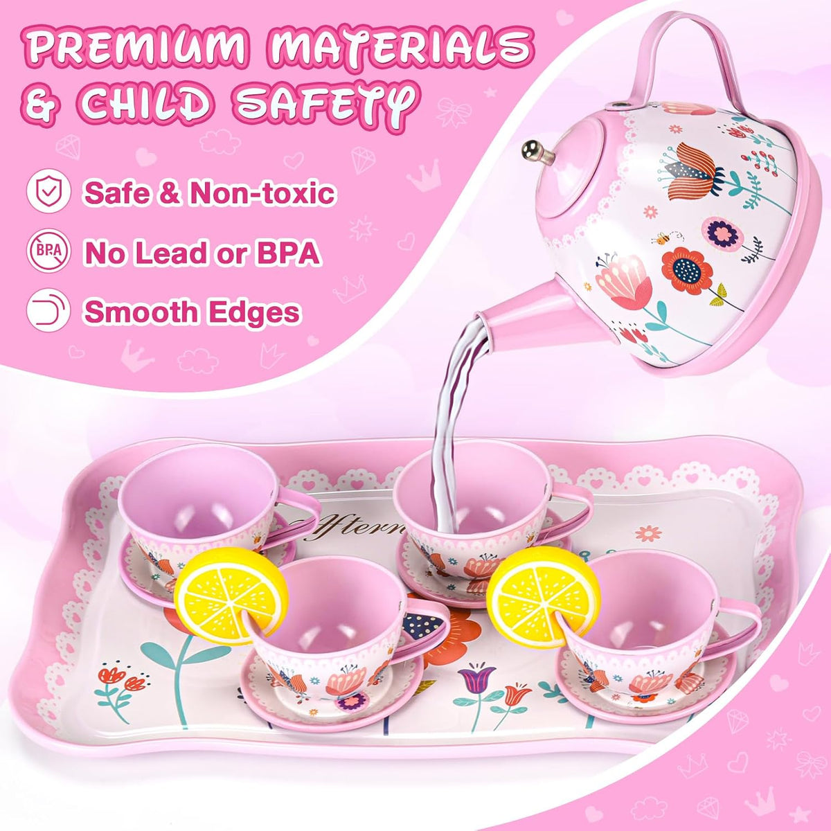 Tea Party Set for Little Girls, 63PCS Pretend Play Toys & Princess Dress Up