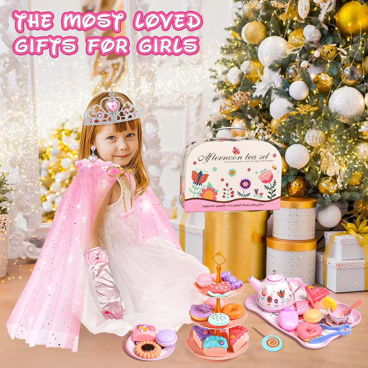 Tea Party Set for Little Girls, 63PCS Pretend Play Toys & Princess Dress Up
