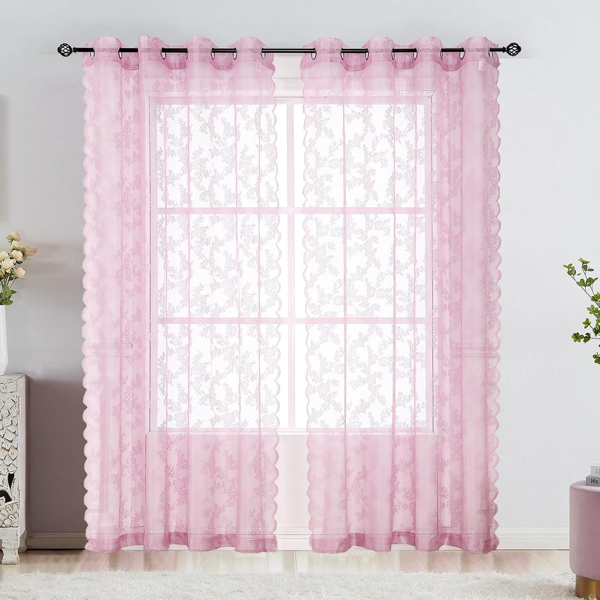 Pink Lace Sheer Curtains for Bedroom 55 x 54 Inch Farmhouse French Floral Rose Lace Curtain Panels Durable Flower Embeoidered Window Treatment Drapes for Living Room Bedroom Holiday, Set of 2