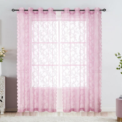 Pink Lace Sheer Curtains for Bedroom 55 x 54 Inch Farmhouse French Floral Rose Lace Curtain Panels Durable Flower Embeoidered Window Treatment Drapes for Living Room Bedroom Holiday, Set of 2