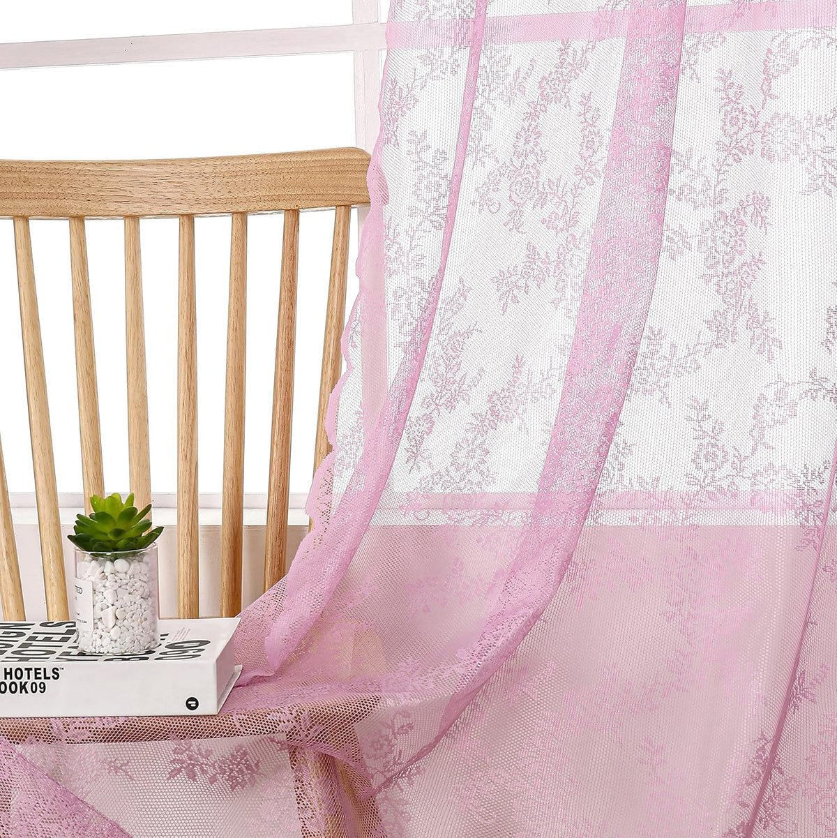 Pink Lace Sheer Curtains for Bedroom 55 x 54 Inch Farmhouse French Floral Rose Lace Curtain Panels Durable Flower Embeoidered Window Treatment Drapes for Living Room Bedroom Holiday, Set of 2