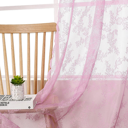 Pink Lace Sheer Curtains for Bedroom 55 x 54 Inch Farmhouse French Floral Rose Lace Curtain Panels Durable Flower Embeoidered Window Treatment Drapes for Living Room Bedroom Holiday, Set of 2
