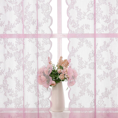 Pink Lace Sheer Curtains for Bedroom 55 x 54 Inch Farmhouse French Floral Rose Lace Curtain Panels Durable Flower Embeoidered Window Treatment Drapes for Living Room Bedroom Holiday, Set of 2