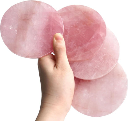 Rose Quartz Coasters Round Set of 4 - Natural Pink Crystal Stone Drink Coasters 4" with Rubber Bumpers for Home Decor, Wedding Gift, Vanity Tray