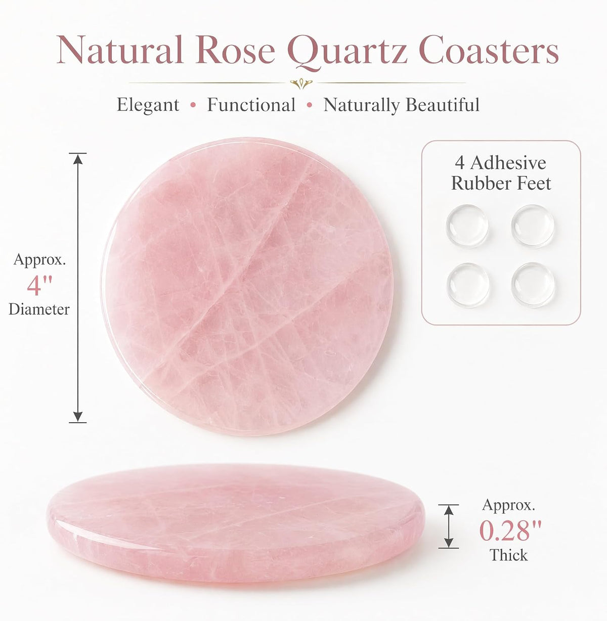 Rose Quartz Coasters Round Set of 4 - Natural Pink Crystal Stone Drink Coasters 4" with Rubber Bumpers for Home Decor, Wedding Gift, Vanity Tray