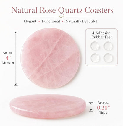 Rose Quartz Coasters Round Set of 4 - Natural Pink Crystal Stone Drink Coasters 4" with Rubber Bumpers for Home Decor, Wedding Gift, Vanity Tray
