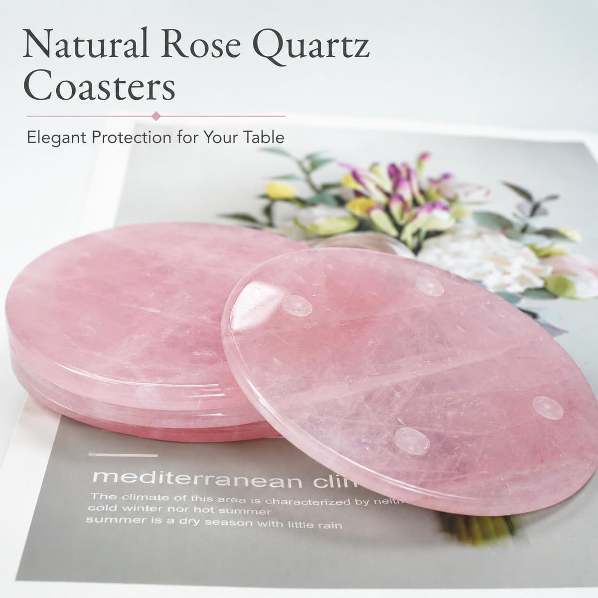 Rose Quartz Coasters Round Set of 4 - Natural Pink Crystal Stone Drink Coasters 4" with Rubber Bumpers for Home Decor, Wedding Gift, Vanity Tray