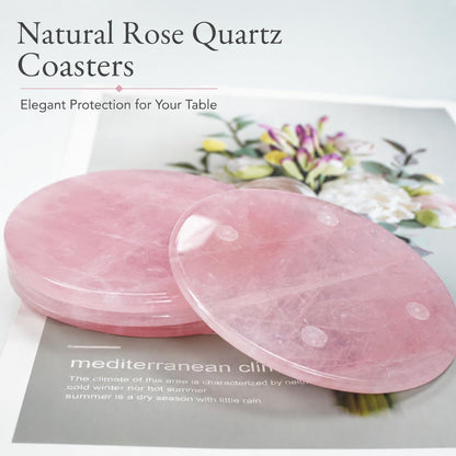 Rose Quartz Coasters Round Set of 4 - Natural Pink Crystal Stone Drink Coasters 4" with Rubber Bumpers for Home Decor, Wedding Gift, Vanity Tray