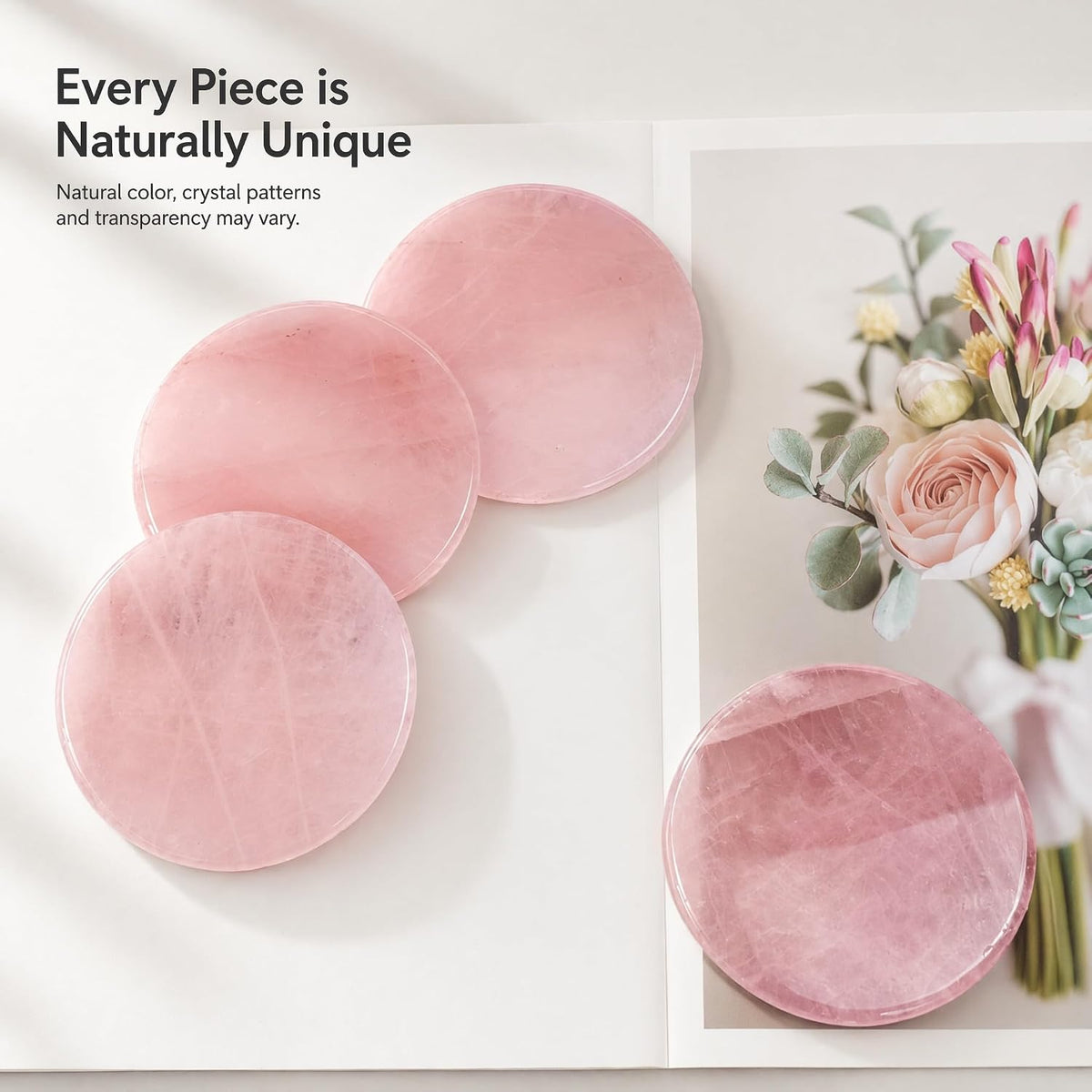 Rose Quartz Coasters Round Set of 4 - Natural Pink Crystal Stone Drink Coasters 4" with Rubber Bumpers for Home Decor, Wedding Gift, Vanity Tray