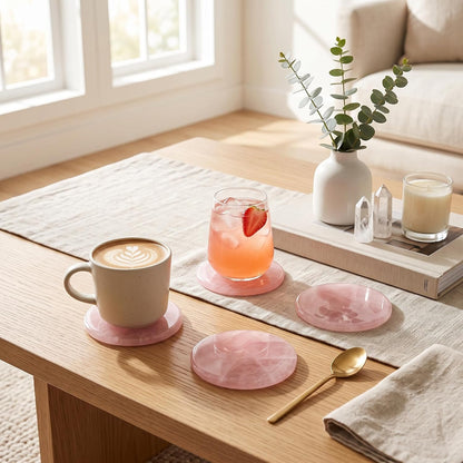 Rose Quartz Coasters Round Set of 4 - Natural Pink Crystal Stone Drink Coasters 4" with Rubber Bumpers for Home Decor, Wedding Gift, Vanity Tray