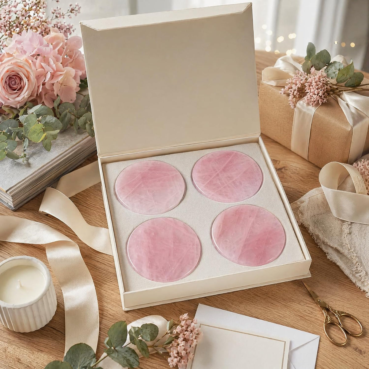 Rose Quartz Coasters Round Set of 4 - Natural Pink Crystal Stone Drink Coasters 4" with Rubber Bumpers for Home Decor, Wedding Gift, Vanity Tray